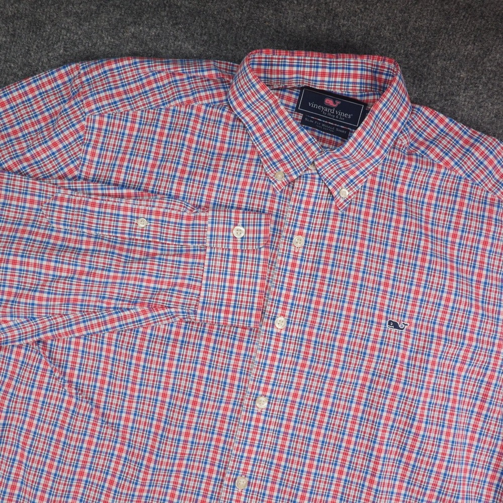 Vineyard Vines Shirt Mens Large Slim Fit Whale Red Blue Plaid Button Down Preppy